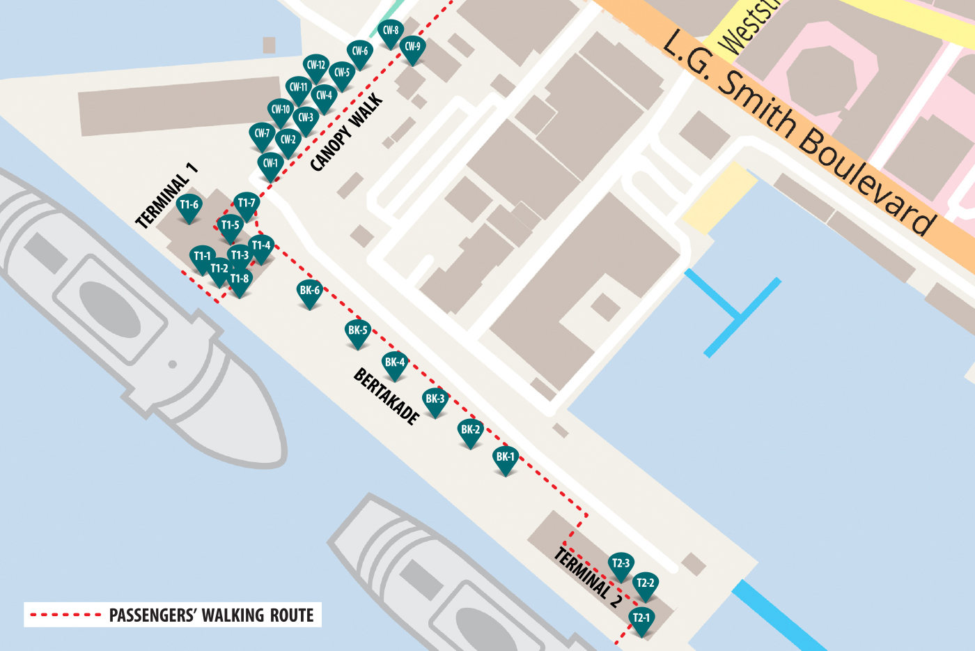 A map of the Cruise Terminal with all the advertisement locations