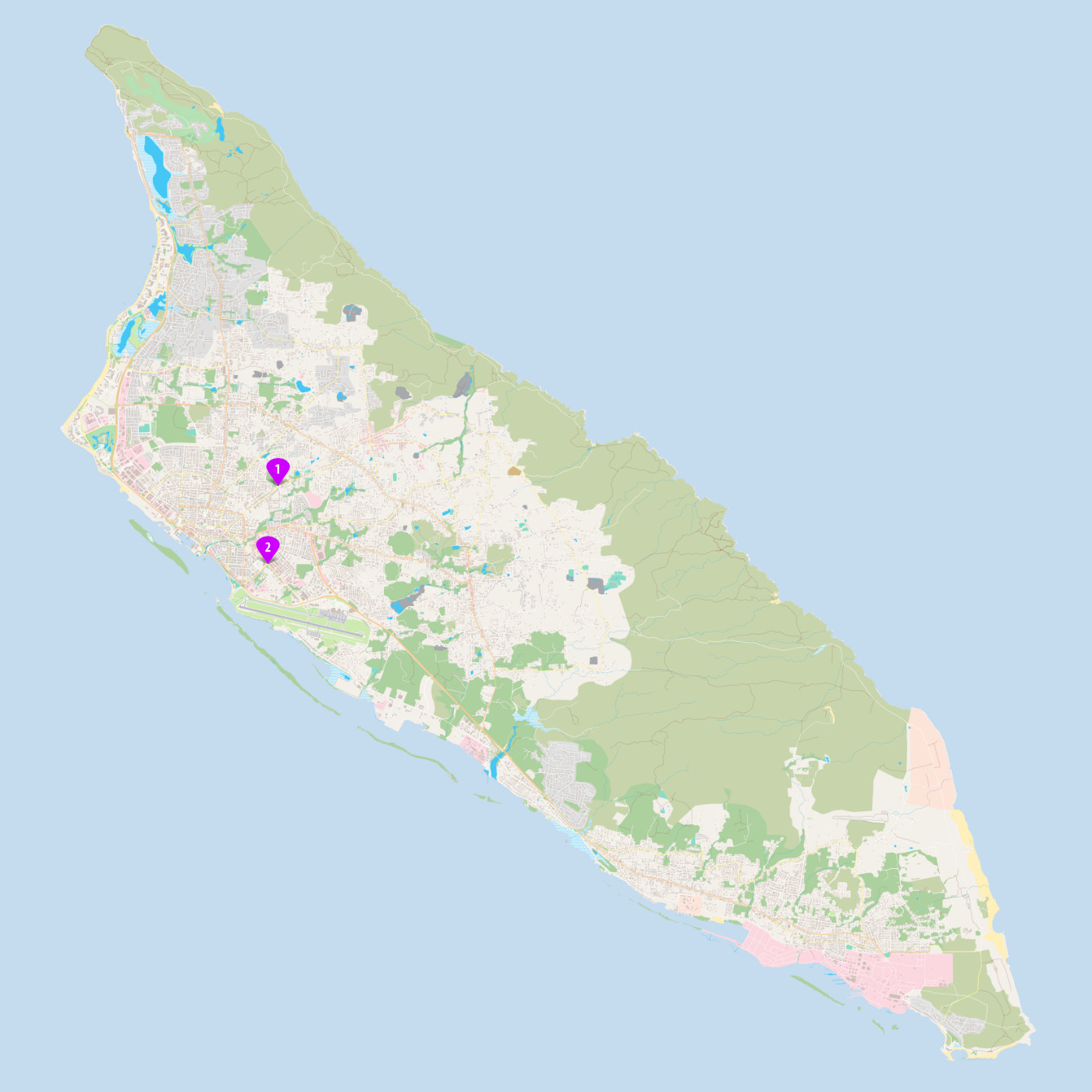 Map of Aruba with the location of two billboards